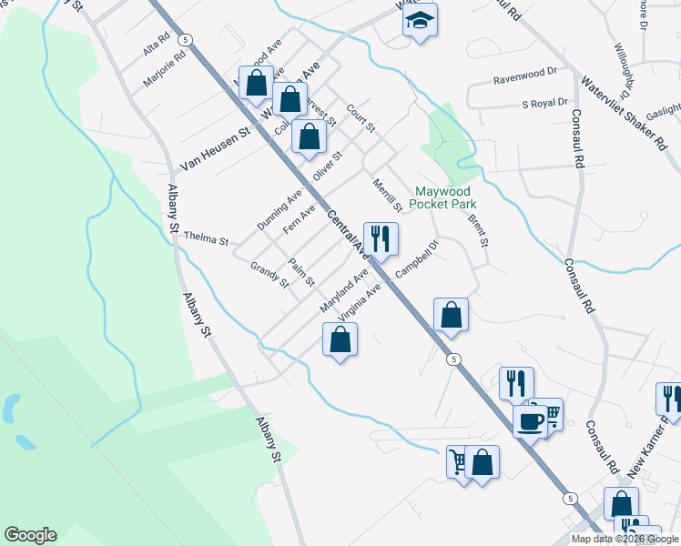 map of restaurants, bars, coffee shops, grocery stores, and more near 14 Tennessee Avenue in Albany