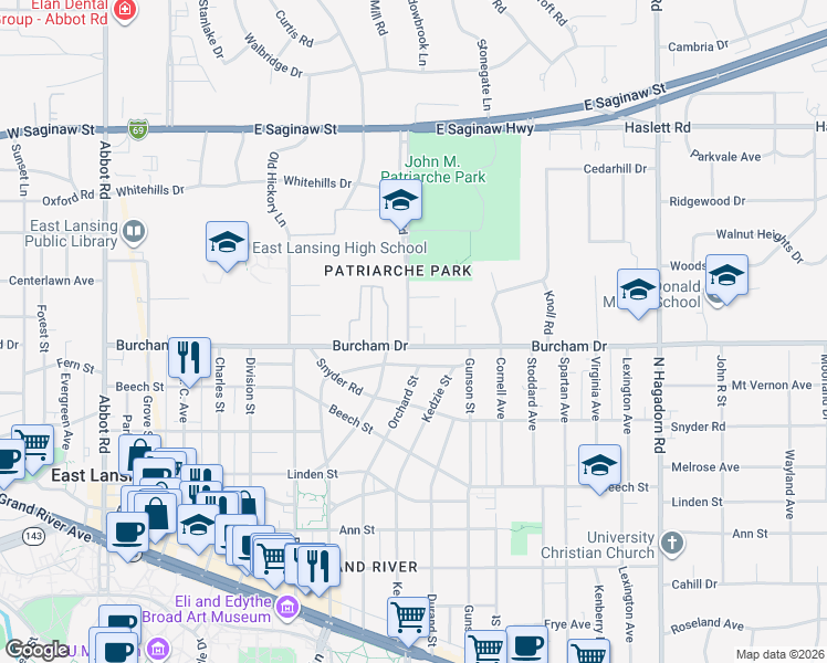 map of restaurants, bars, coffee shops, grocery stores, and more near 722 Alton Road in East Lansing