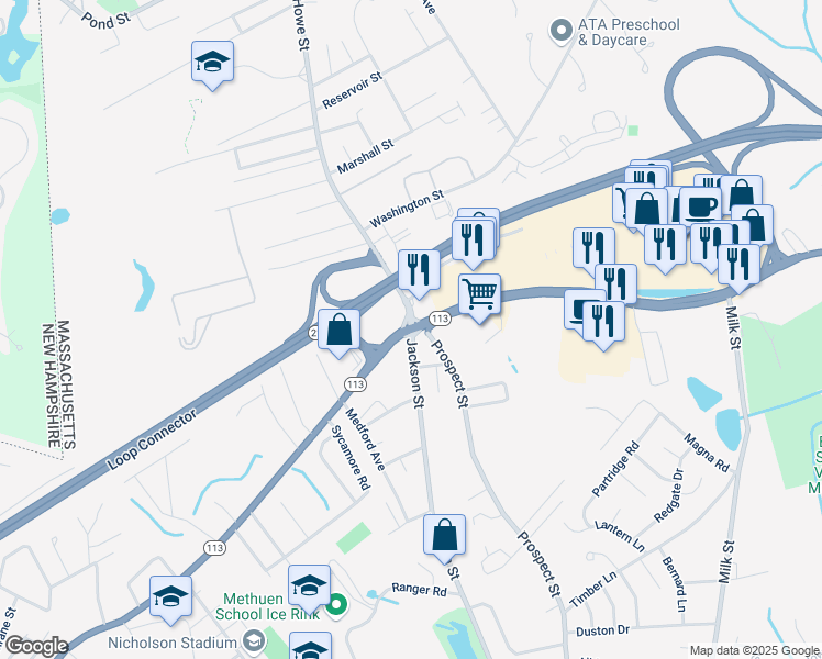 map of restaurants, bars, coffee shops, grocery stores, and more near 677 Prospect Street in Methuen