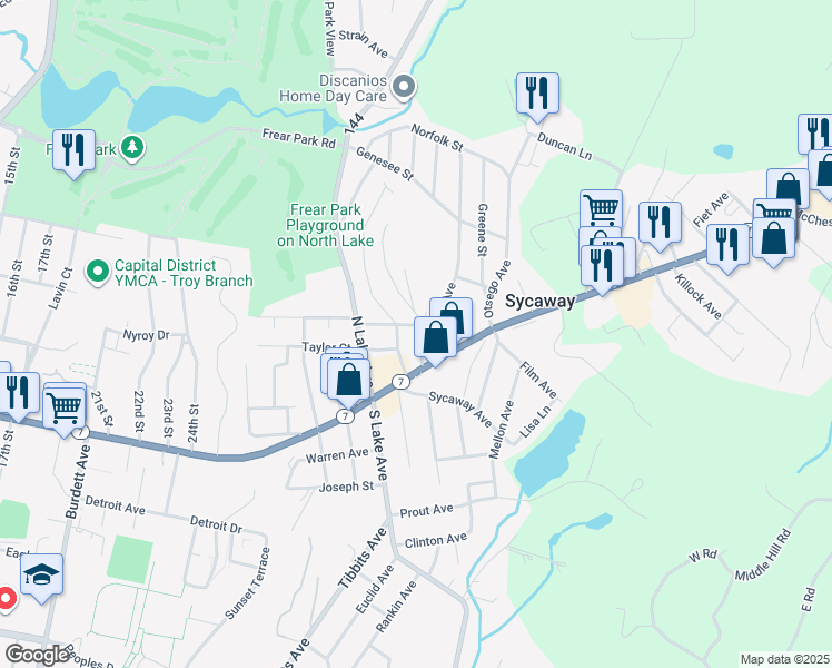 map of restaurants, bars, coffee shops, grocery stores, and more near 15 Cortland Street in Troy