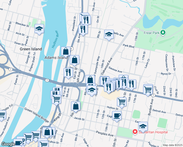 map of restaurants, bars, coffee shops, grocery stores, and more near 375 8th Street in Troy
