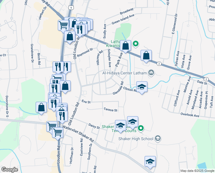 map of restaurants, bars, coffee shops, grocery stores, and more near 54A Spring Avenue in Latham