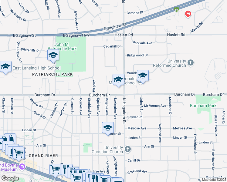 map of restaurants, bars, coffee shops, grocery stores, and more near 1375 Burcham Drive in East Lansing