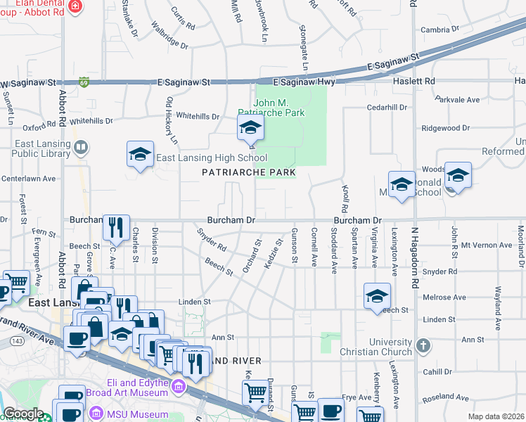 map of restaurants, bars, coffee shops, grocery stores, and more near 931 Burcham Drive in East Lansing