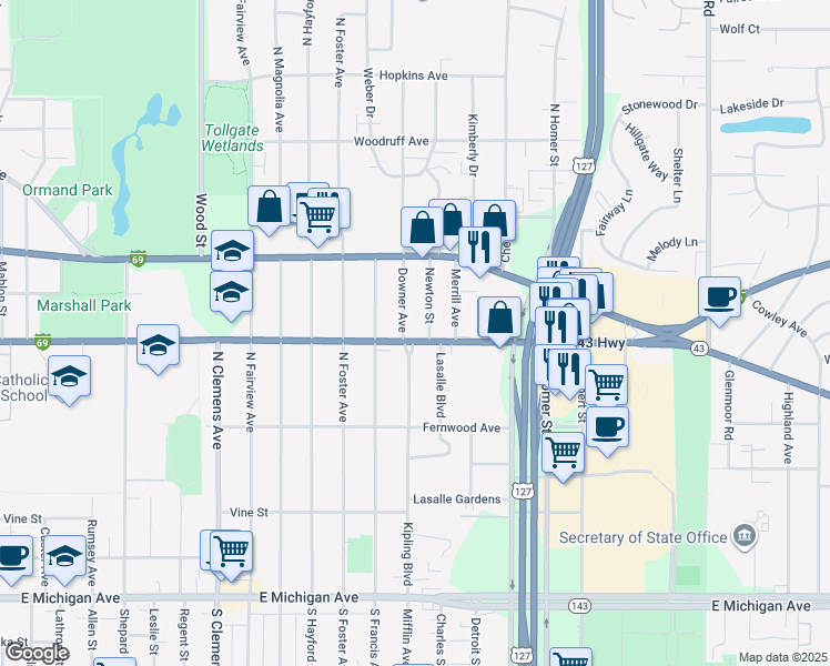 map of restaurants, bars, coffee shops, grocery stores, and more near in Lansing