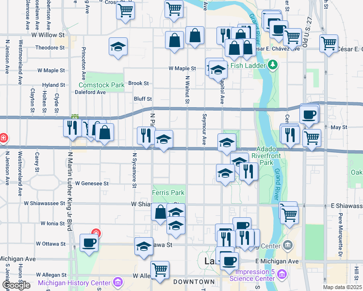 map of restaurants, bars, coffee shops, grocery stores, and more near 420 West Saginaw Street in Lansing