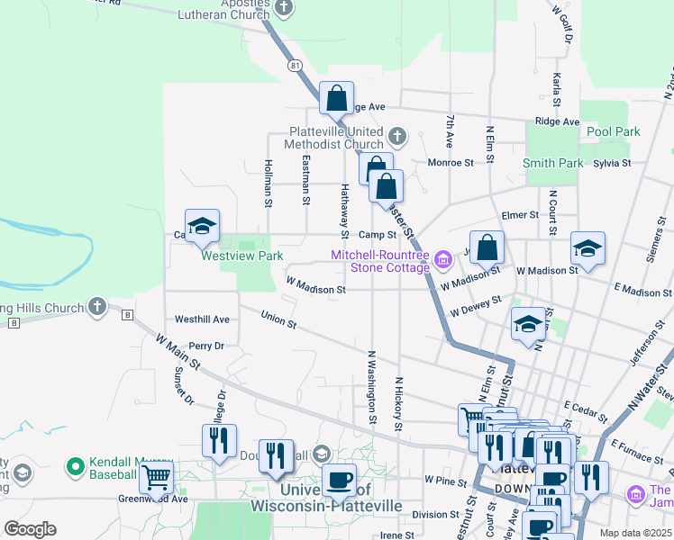 map of restaurants, bars, coffee shops, grocery stores, and more near 680 Hathaway Street in Platteville