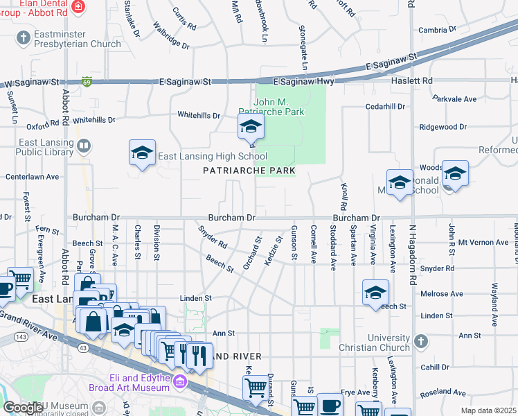 map of restaurants, bars, coffee shops, grocery stores, and more near 718 Alton Road in East Lansing