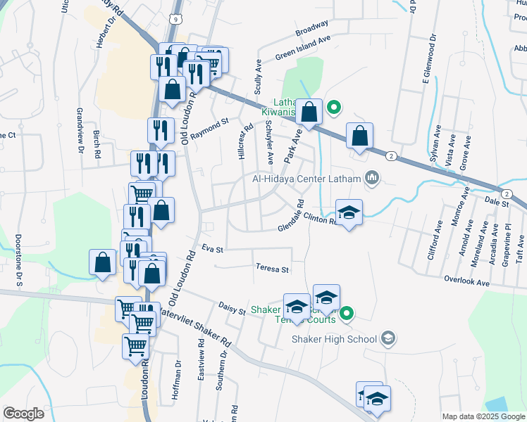 map of restaurants, bars, coffee shops, grocery stores, and more near 54A Spring Avenue in Latham