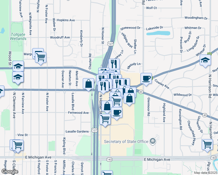 map of restaurants, bars, coffee shops, grocery stores, and more near 3015 East Saginaw Street in Lansing