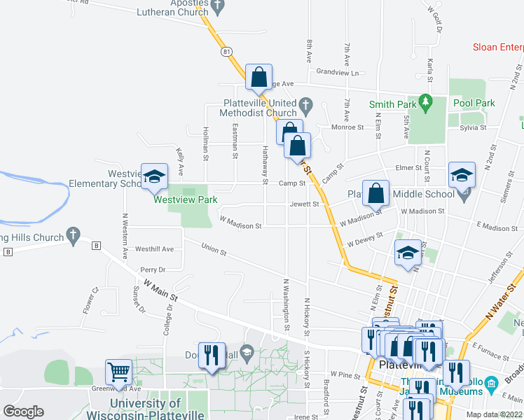 map of restaurants, bars, coffee shops, grocery stores, and more near 680 Hathaway Street in Platteville