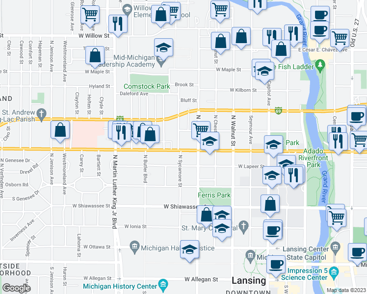 map of restaurants, bars, coffee shops, grocery stores, and more near 624 West Saginaw Street in Lansing