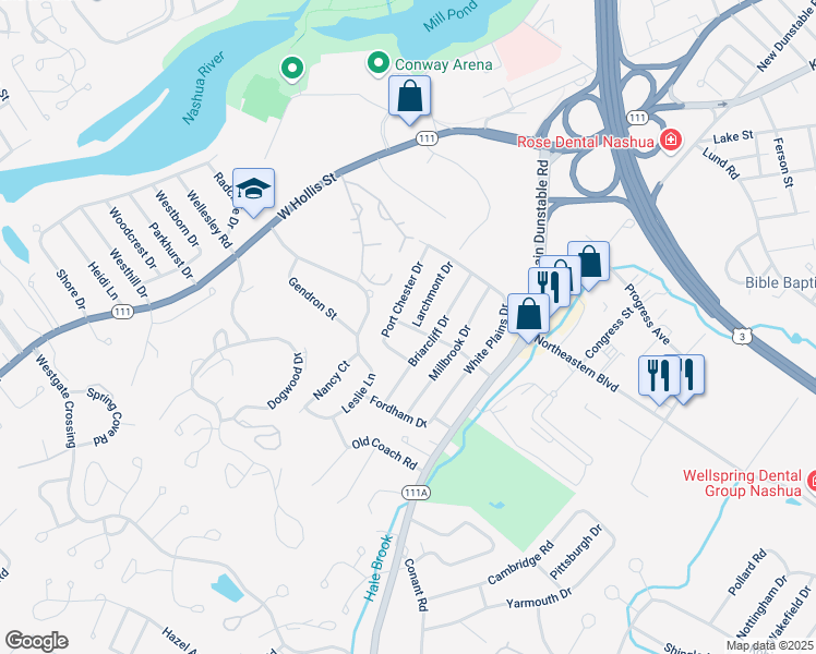 map of restaurants, bars, coffee shops, grocery stores, and more near 16 Valhalla Drive in Nashua