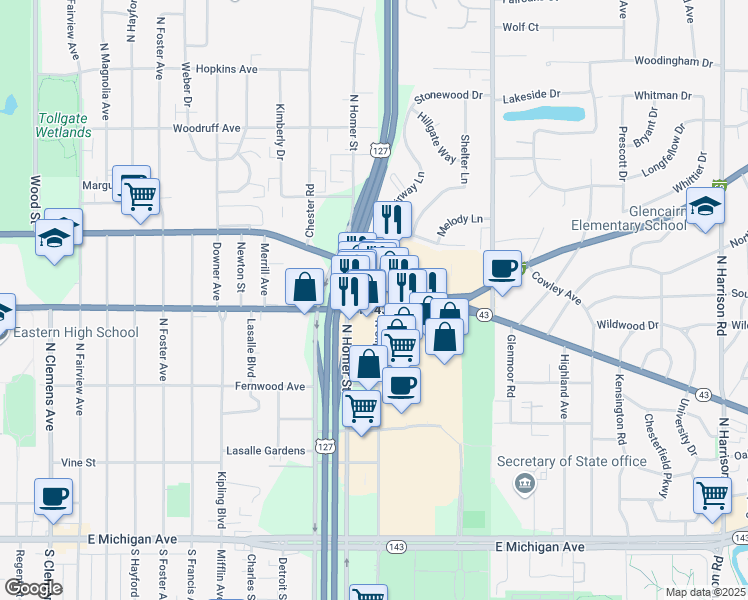 map of restaurants, bars, coffee shops, grocery stores, and more near 3015 East Saginaw Street in Lansing