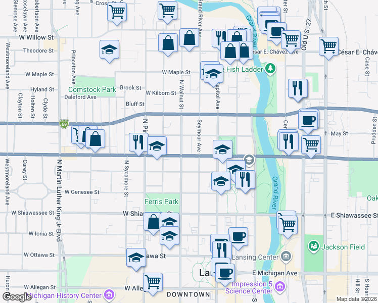 map of restaurants, bars, coffee shops, grocery stores, and more near 316 West Saginaw Street in Lansing