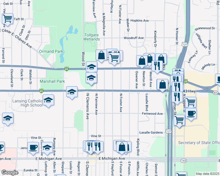 map of restaurants, bars, coffee shops, grocery stores, and more near 703 North Hayford Avenue in Lansing