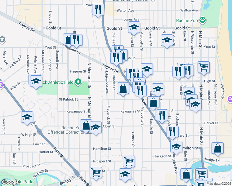 map of restaurants, bars, coffee shops, grocery stores, and more near 1611 Charles Street in Racine