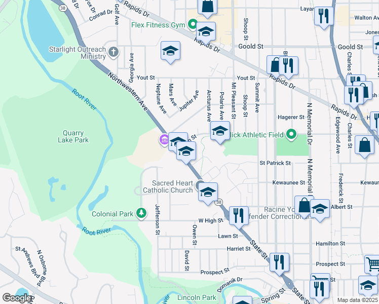 map of restaurants, bars, coffee shops, grocery stores, and more near 2420 Northwestern Avenue in Racine