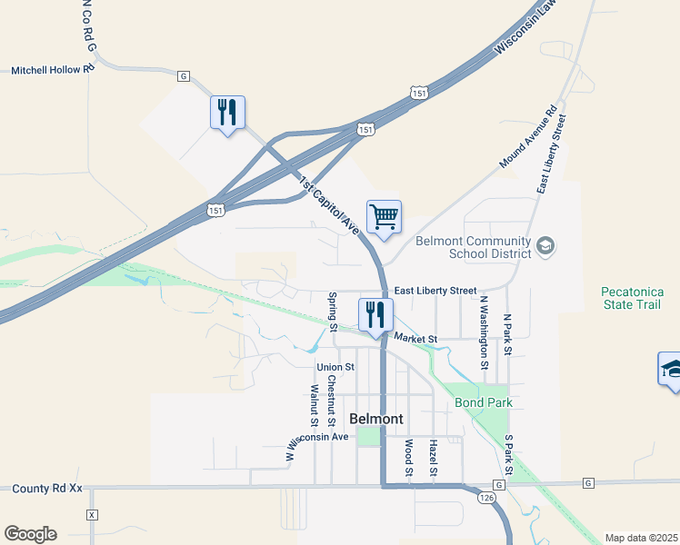 map of restaurants, bars, coffee shops, grocery stores, and more near 215 West Liberty Street in Belmont