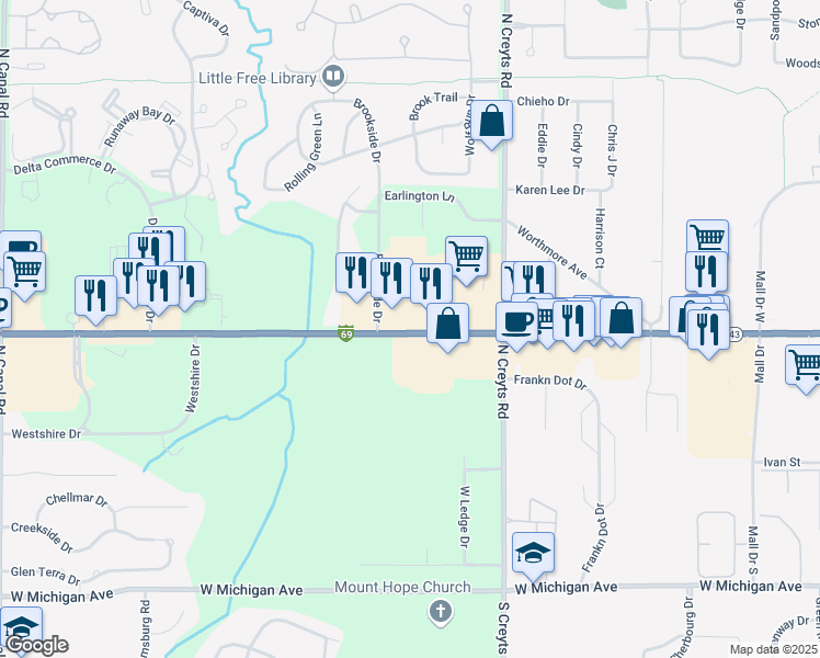 map of restaurants, bars, coffee shops, grocery stores, and more near 6528 West Saginaw Highway in Lansing