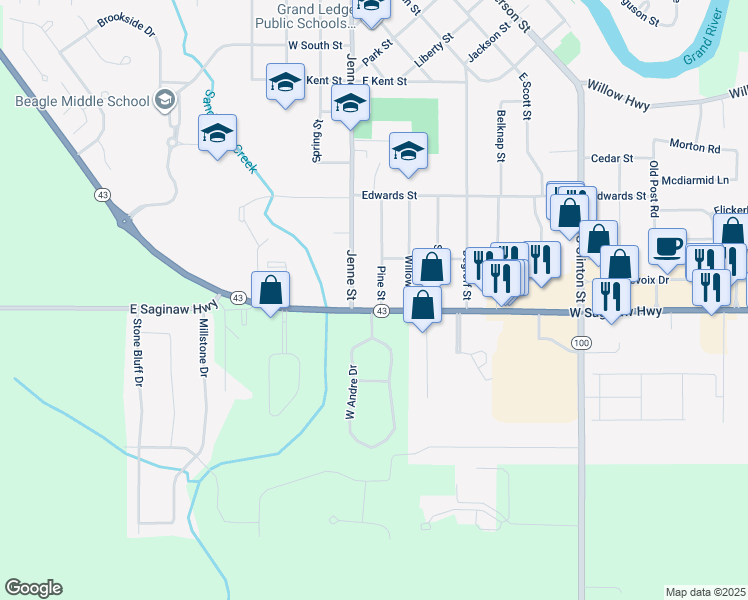 map of restaurants, bars, coffee shops, grocery stores, and more near 125 East Saginaw Highway in Grand Ledge