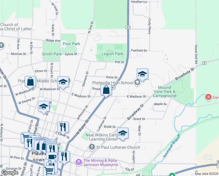 map of restaurants, bars, coffee shops, grocery stores, and more near 880 North Water Street in Platteville