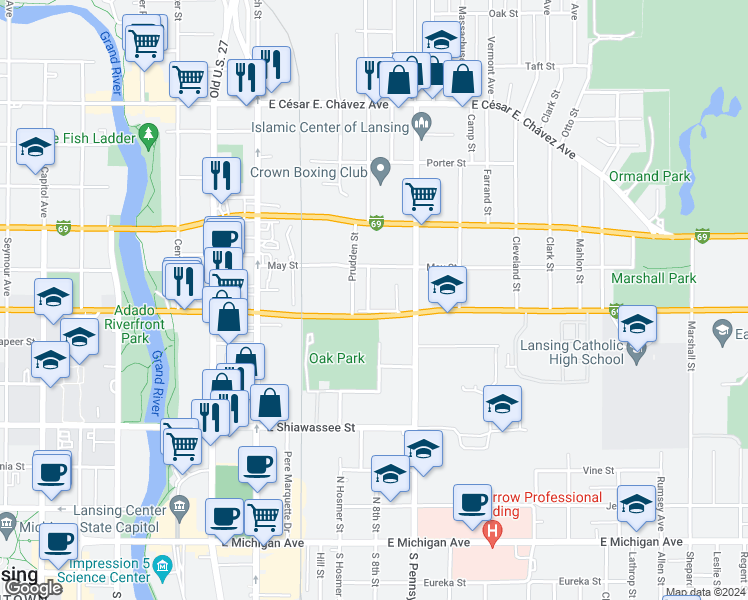 map of restaurants, bars, coffee shops, grocery stores, and more near 708 Park Terrace in Lansing
