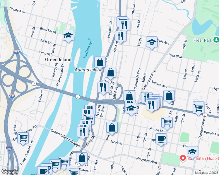 map of restaurants, bars, coffee shops, grocery stores, and more near 2513 5th Avenue in Troy