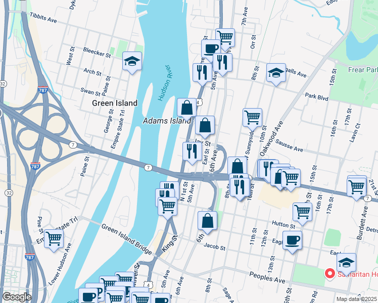map of restaurants, bars, coffee shops, grocery stores, and more near 2513 5th Avenue in Troy
