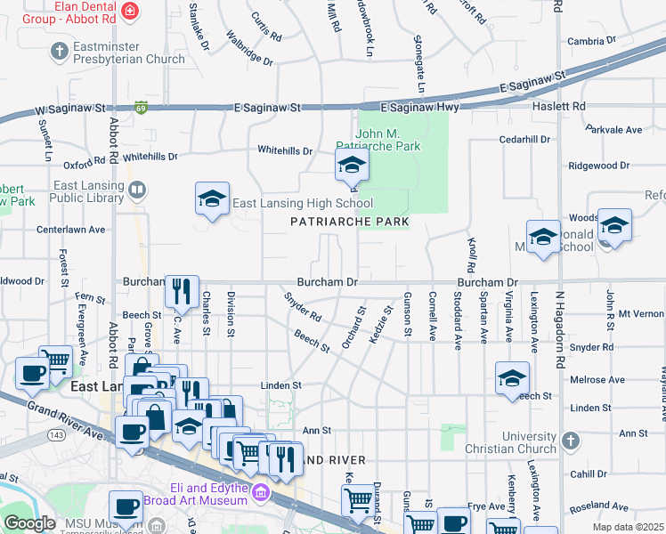 map of restaurants, bars, coffee shops, grocery stores, and more near 722 Alton Road in East Lansing