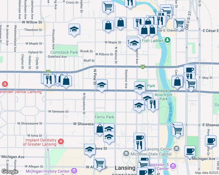map of restaurants, bars, coffee shops, grocery stores, and more near 420 West Saginaw Street in Lansing