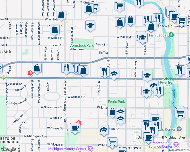 map of restaurants, bars, coffee shops, grocery stores, and more near 722 West Saginaw Street in Lansing