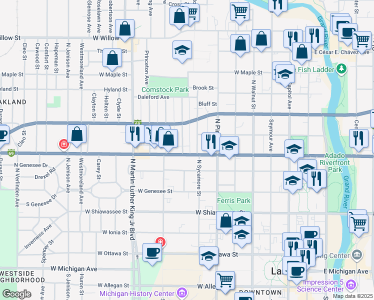 map of restaurants, bars, coffee shops, grocery stores, and more near 722 West Saginaw Street in Lansing