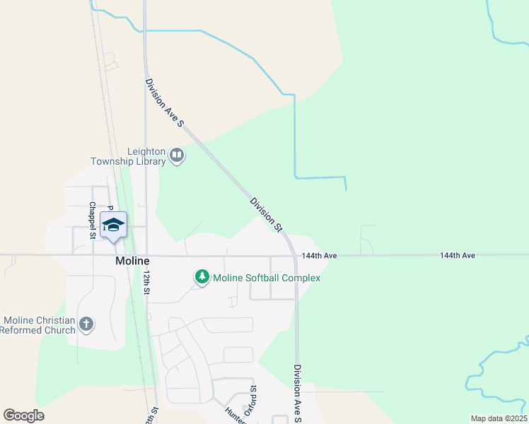 map of restaurants, bars, coffee shops, grocery stores, and more near 4424 Division Street in Wayland