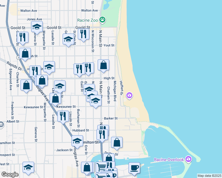 map of restaurants, bars, coffee shops, grocery stores, and more near 1614 Michigan Boulevard in Racine