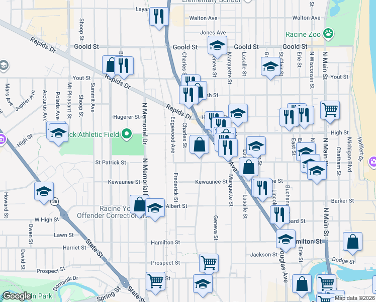 map of restaurants, bars, coffee shops, grocery stores, and more near 1611 Charles Street in Racine