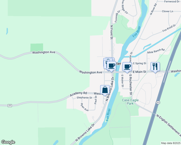 map of restaurants, bars, coffee shops, grocery stores, and more near 921 West Main Street in Waterford