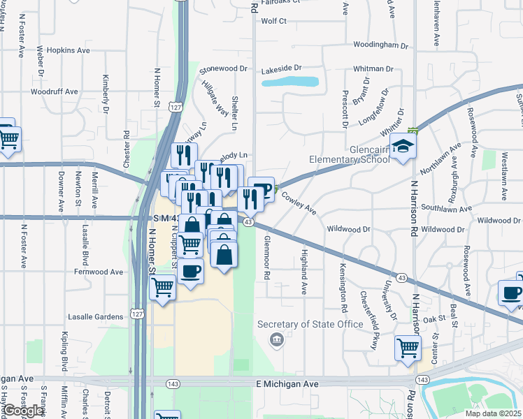 map of restaurants, bars, coffee shops, grocery stores, and more near 731 Touraine Avenue in East Lansing