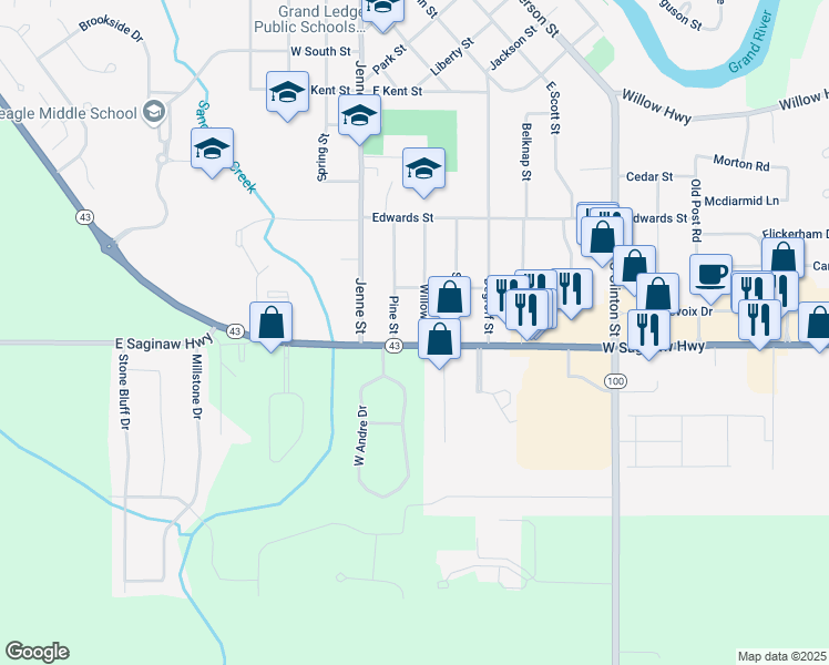 map of restaurants, bars, coffee shops, grocery stores, and more near 235 East Saginaw Highway in Grand Ledge