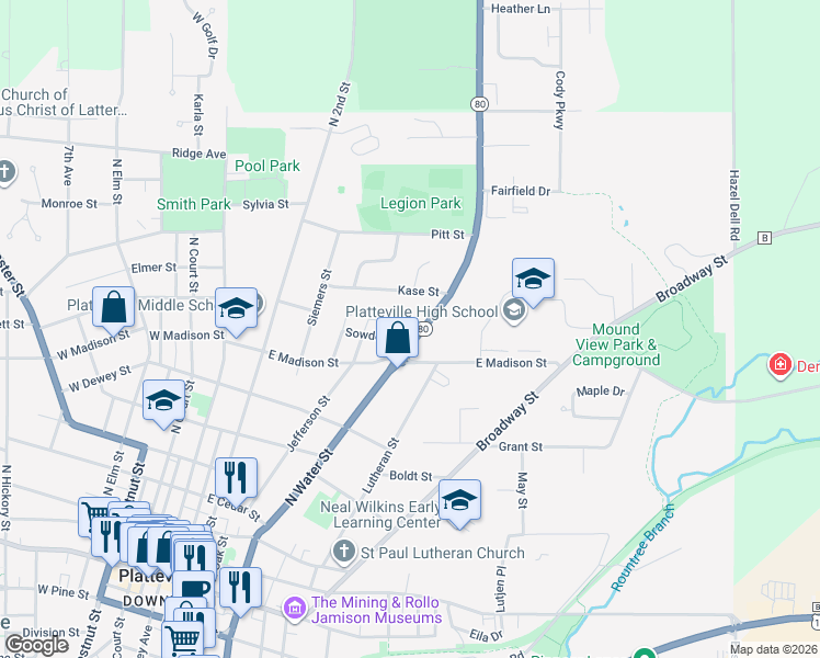 map of restaurants, bars, coffee shops, grocery stores, and more near 880 North Water Street in Platteville