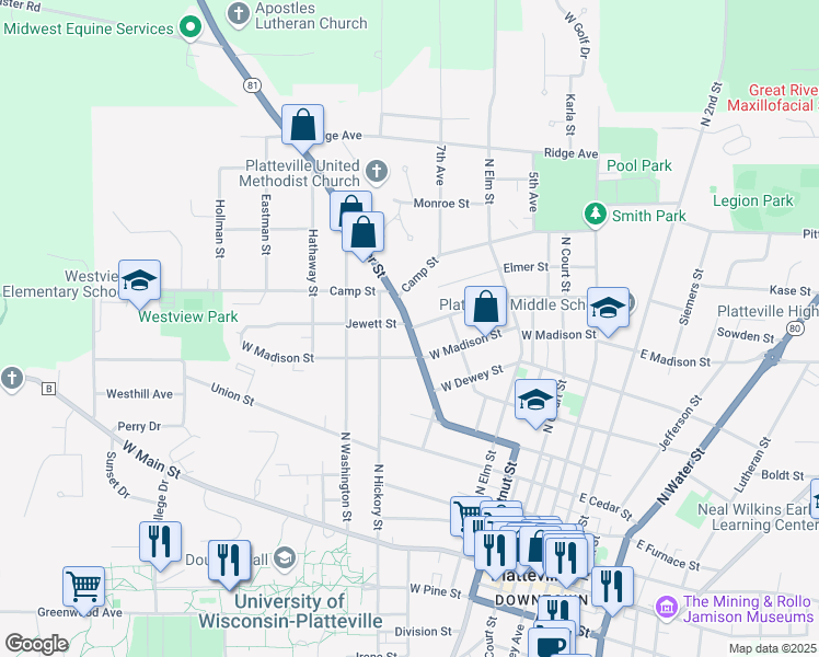 map of restaurants, bars, coffee shops, grocery stores, and more near Lancaster Street & Jewett Street in Platteville