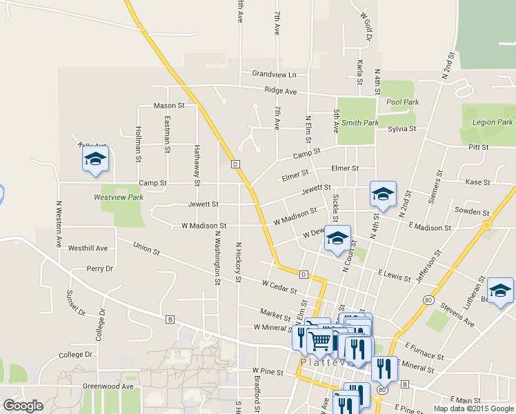 map of restaurants, bars, coffee shops, grocery stores, and more near Lancaster Street & Jewett Street in Platteville