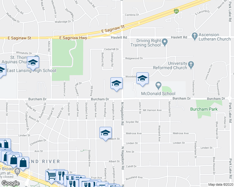 map of restaurants, bars, coffee shops, grocery stores, and more near 729 North Hagadorn Road in East Lansing