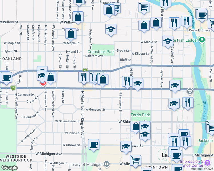 map of restaurants, bars, coffee shops, grocery stores, and more near 700 Chicago Avenue in Lansing