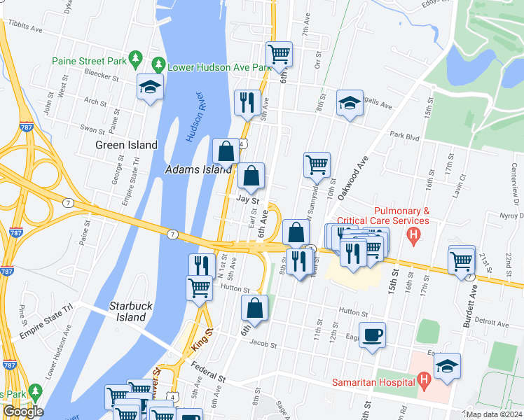 map of restaurants, bars, coffee shops, grocery stores, and more near 2525 6th Avenue in Troy