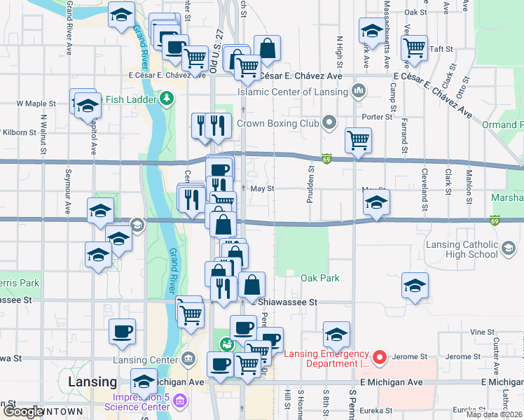 map of restaurants, bars, coffee shops, grocery stores, and more near 640 May Street in Lansing