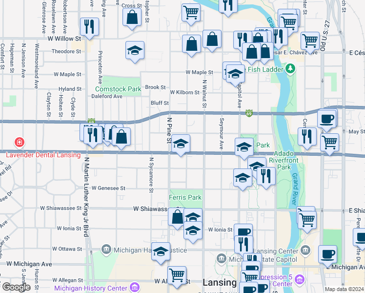 map of restaurants, bars, coffee shops, grocery stores, and more near in Lansing