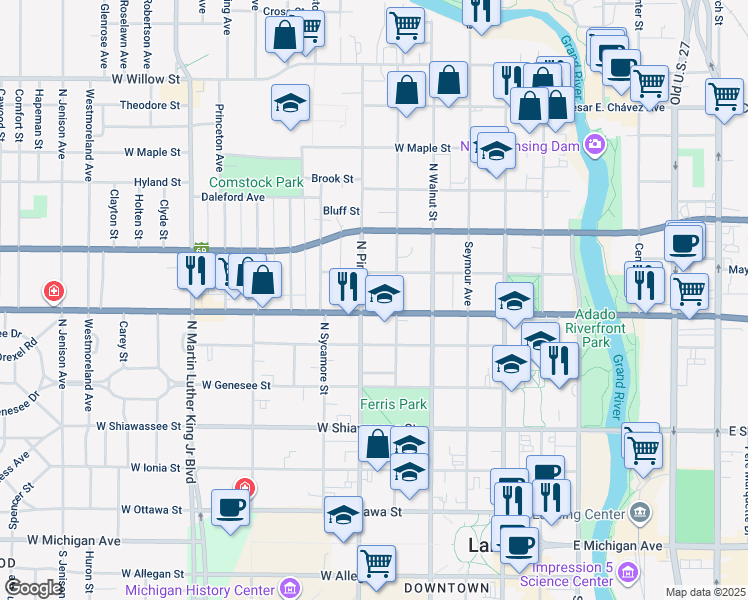map of restaurants, bars, coffee shops, grocery stores, and more near in Lansing