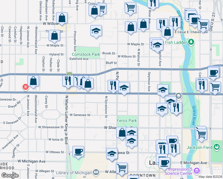 map of restaurants, bars, coffee shops, grocery stores, and more near 620 West Saginaw Street in Lansing