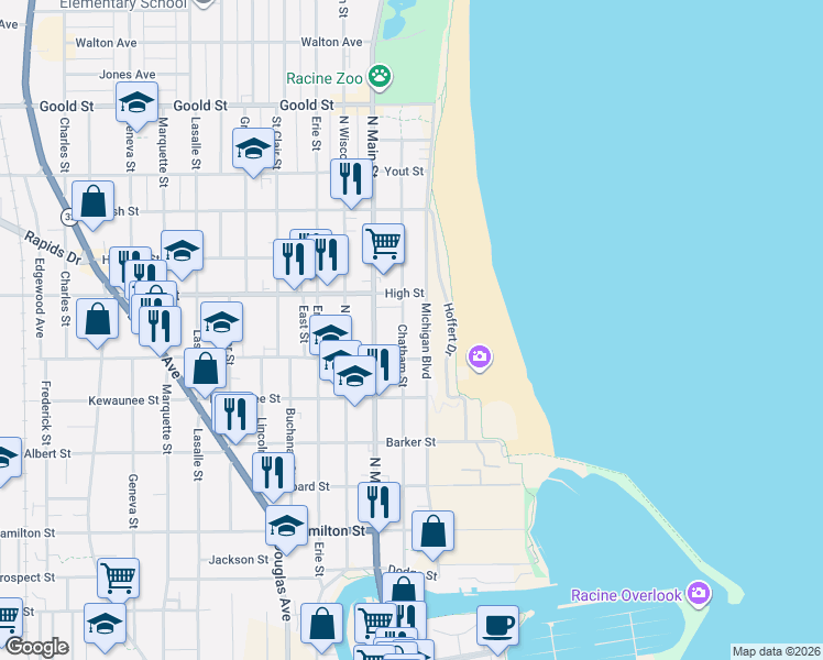 map of restaurants, bars, coffee shops, grocery stores, and more near 1614 Michigan Boulevard in Racine